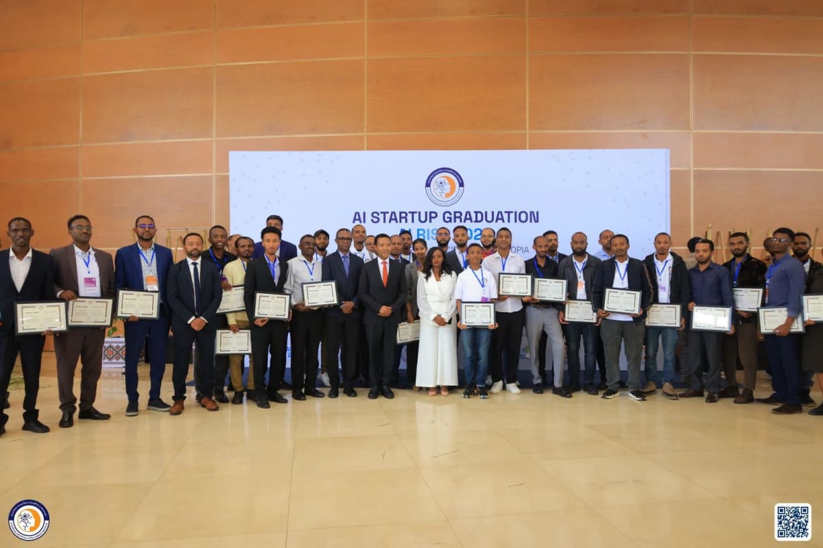 Ethiopian entrepreneurs celebrating graduation from first AI startup incubation program with certificates