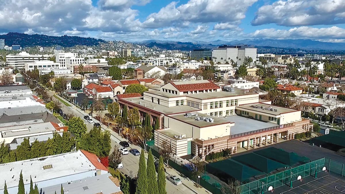 ** Beverly Vista Middle School building exterior in Beverly Hills, California, home to distinguished students