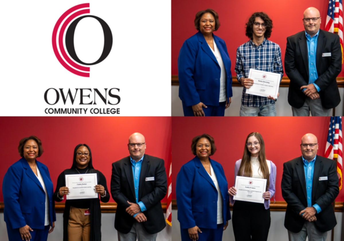 Three Owens Community College students who received recognition certificates from the board of trustees
