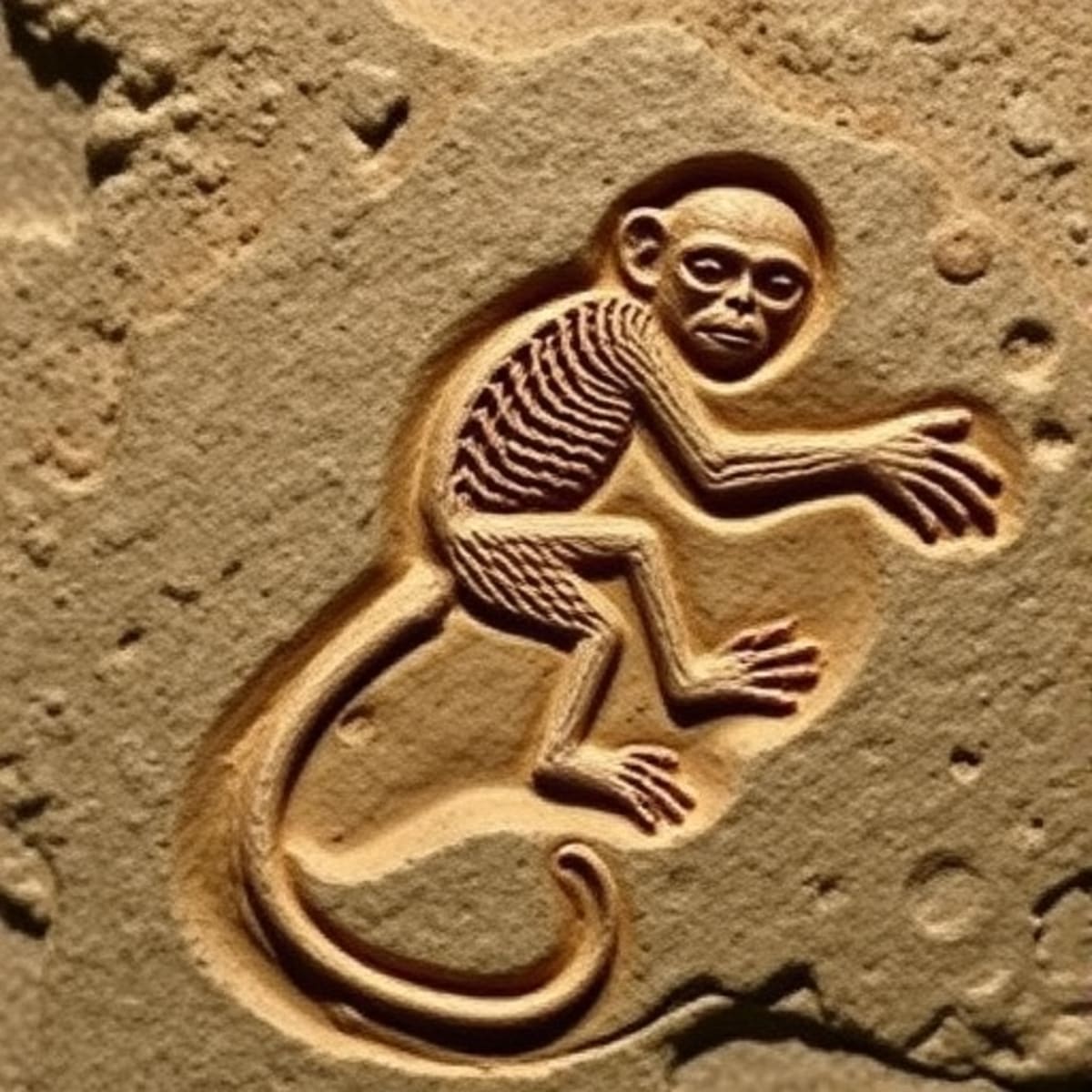 Illustration of tiny shrew-sized Purgatorius primate ancestor climbing through ancient forest after dinosaur extinction