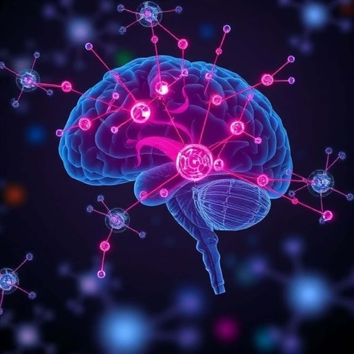 Microscope image showing star-shaped astrocyte brain cells glowing against dark background