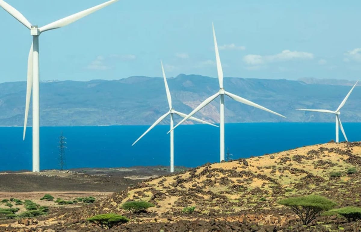 Wind turbines stand against blue sky in Ethiopia's Somali Region renewable energy project