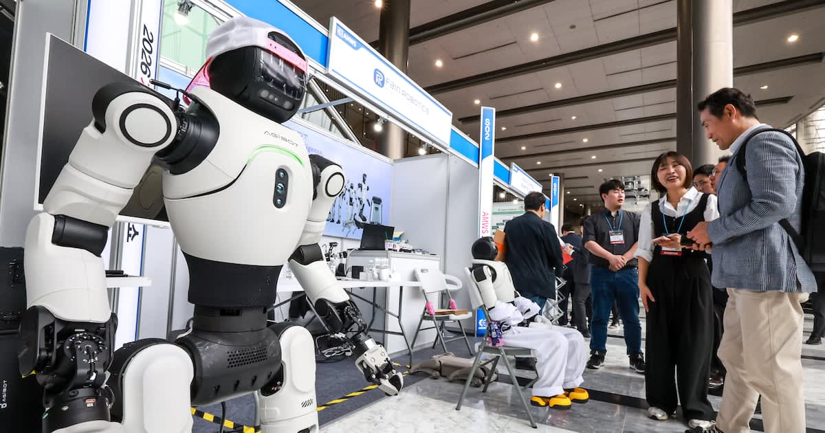 Humanoid industrial robots on display at technology exhibition in Seoul, South Korea