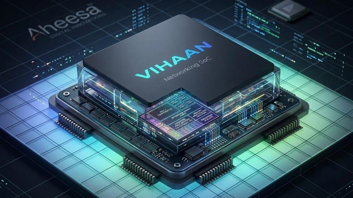 Semiconductor chip with intricate circuit patterns representing India's indigenous VIHAAN networking processor