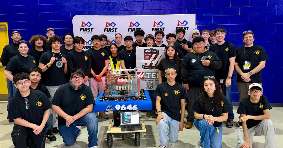Southampton High School Marinators robotics team celebrating their first place regional championship victory