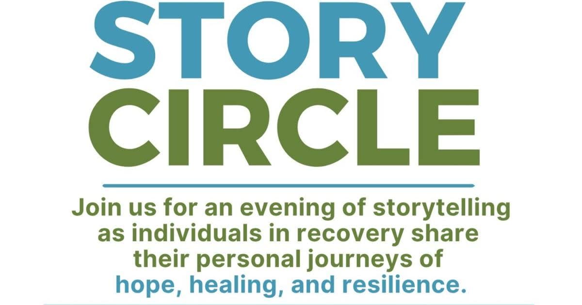 People sitting in circle sharing stories at community recovery event in church setting