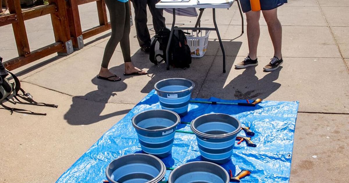 Volunteers with blue buckets and grabbers cleaning trash from Treasure Island Beach in Laguna