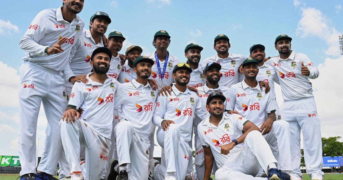 ** Bangladesh cricket team celebrates together on field after historic first victory in Australia