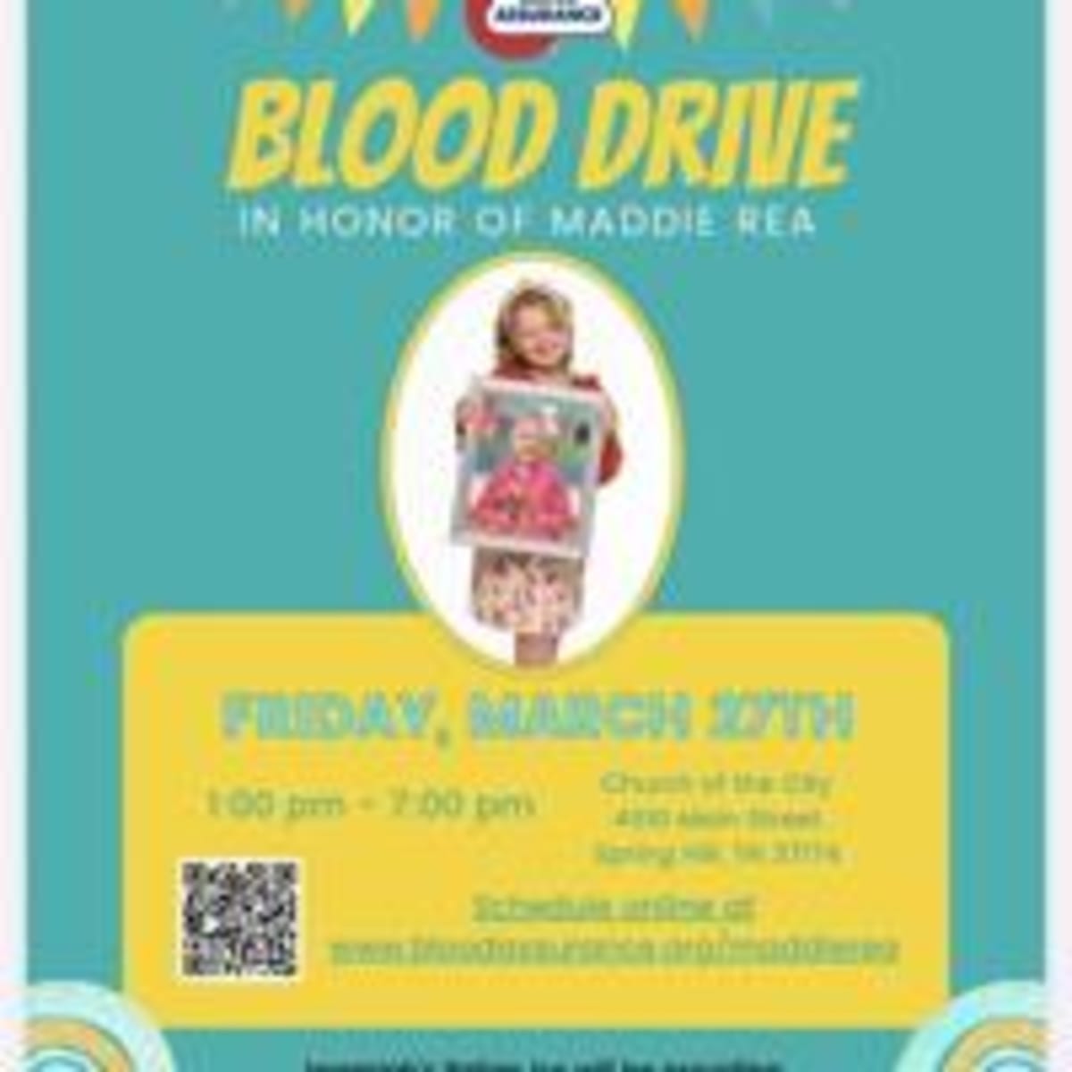 Young girl Maddie Rea smiling, cancer survivor hosting community blood donation drive in Tennessee