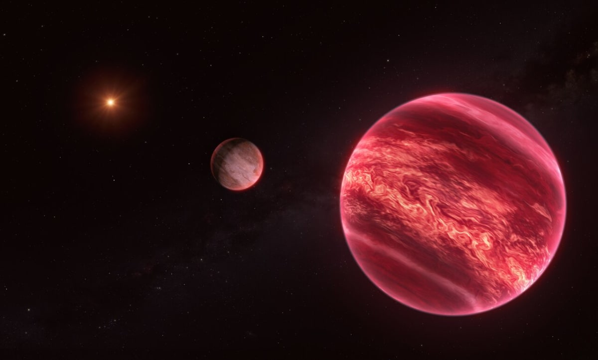 Artist rendering of moon-like object orbiting brown dwarf in distant star system CD-35 2722