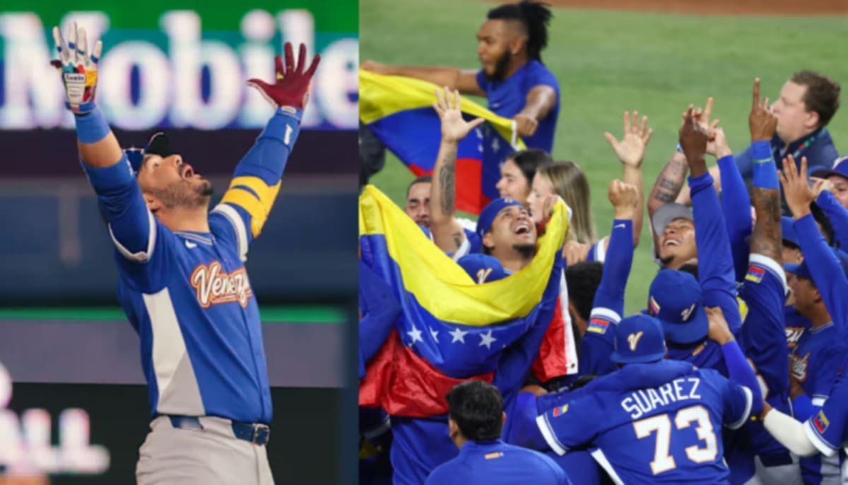 ** Venezuelan baseball players celebrating together on field after World Baseball Classic championship victory