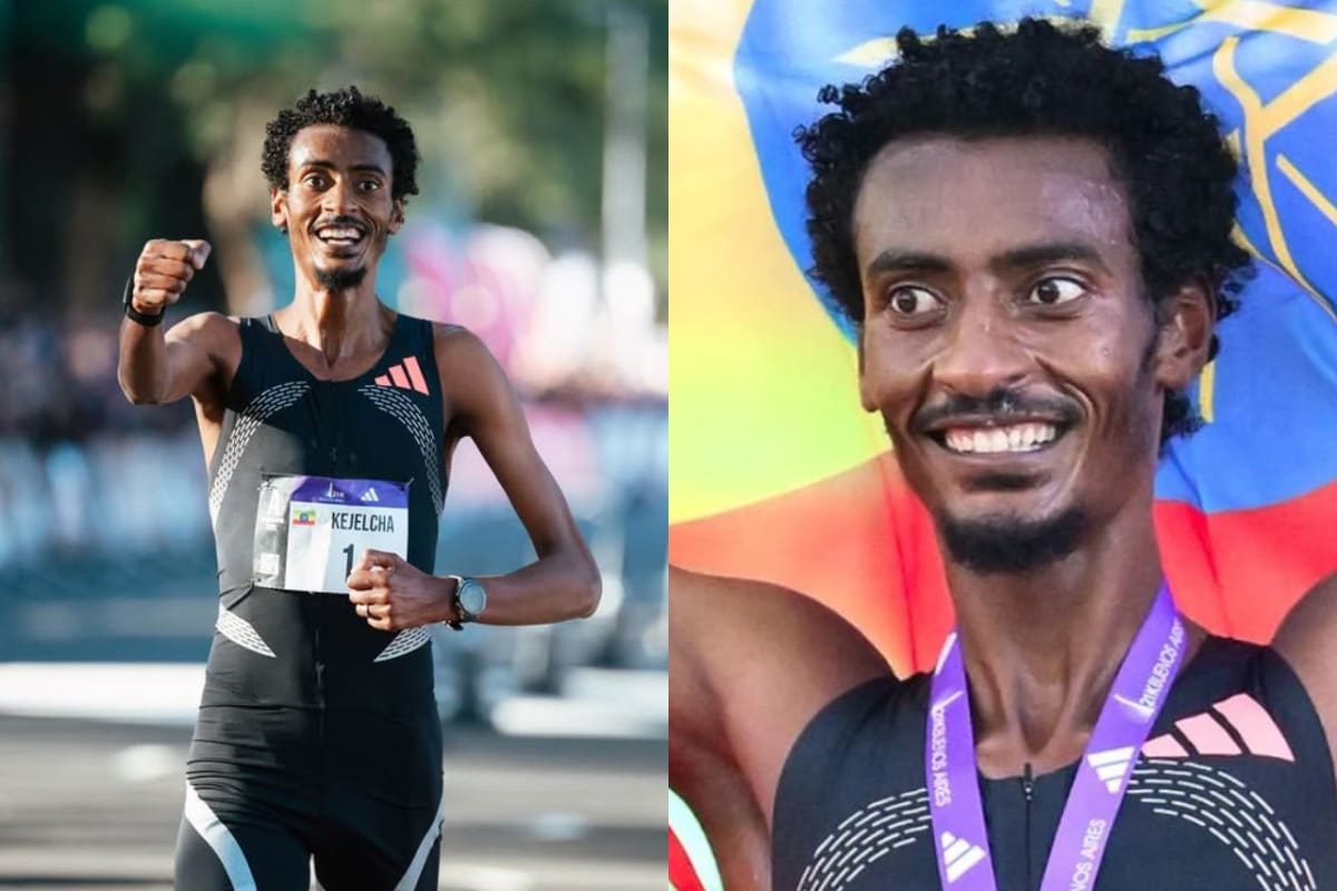 Ethiopian distance runner Yomif Kejelcha celebrating world record victory at Buenos Aires Half Marathon