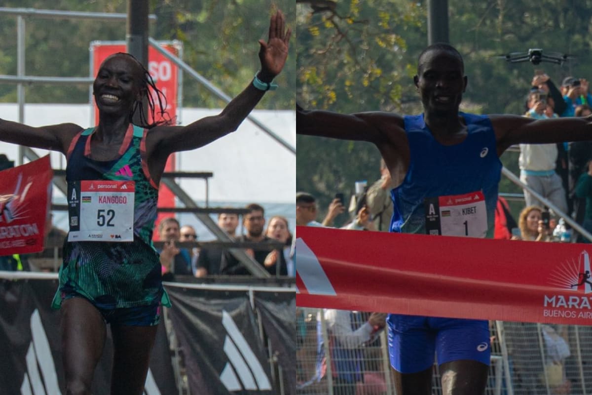Thousands of marathon runners racing through colorful streets of Buenos Aires, Argentina