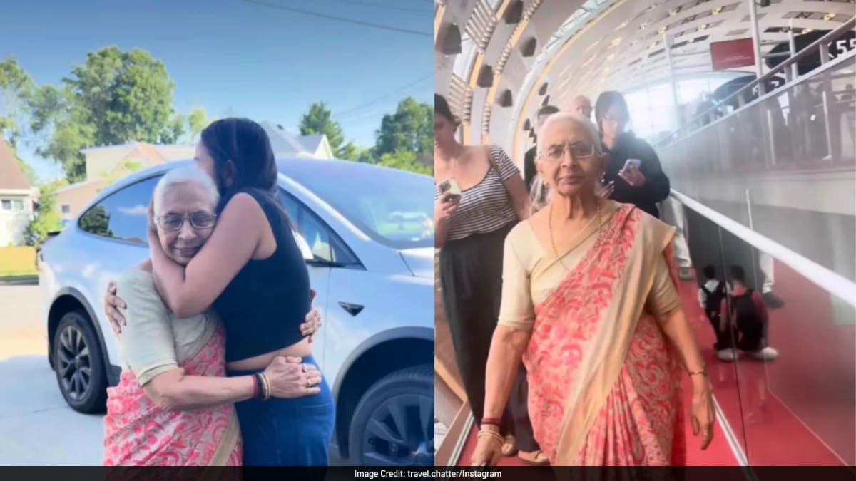 Elderly grandmother in warm embrace with granddaughter outside American home during first visit