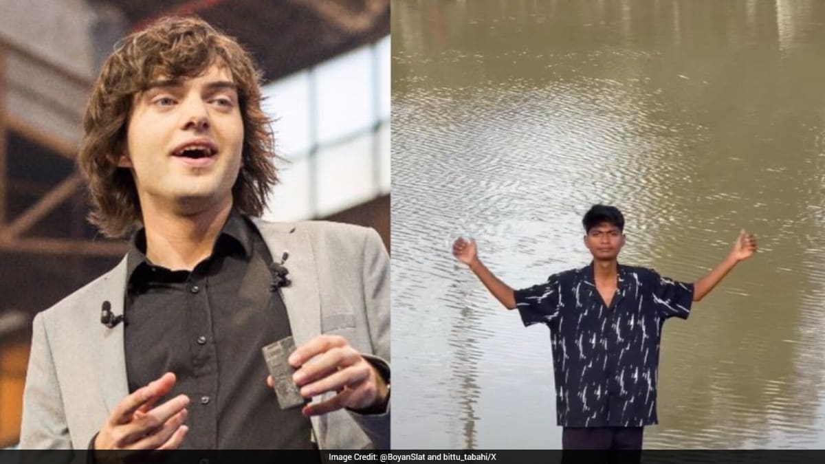 Split image showing polluted Ajnar River filled with trash before and clean flowing water after student's cleanup effort