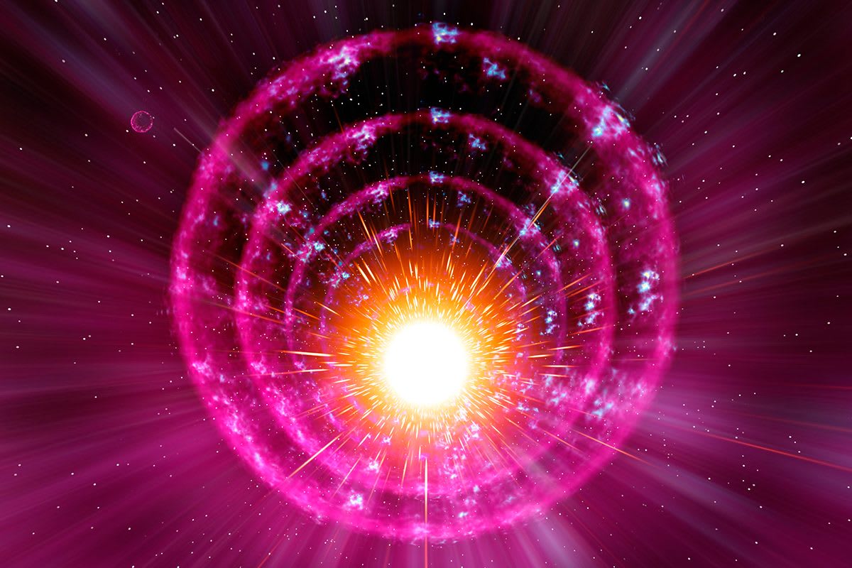 ** Artist's illustration of bright gamma-ray burst energy jet shooting from black hole in deep space