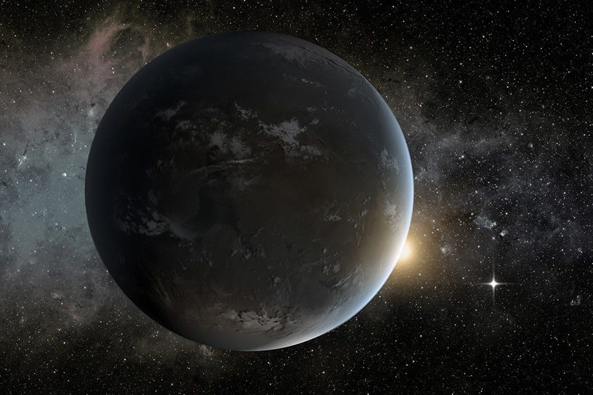 Artist's rendering of molten planet L 98-59 d with glowing magma surface and sulfur atmosphere