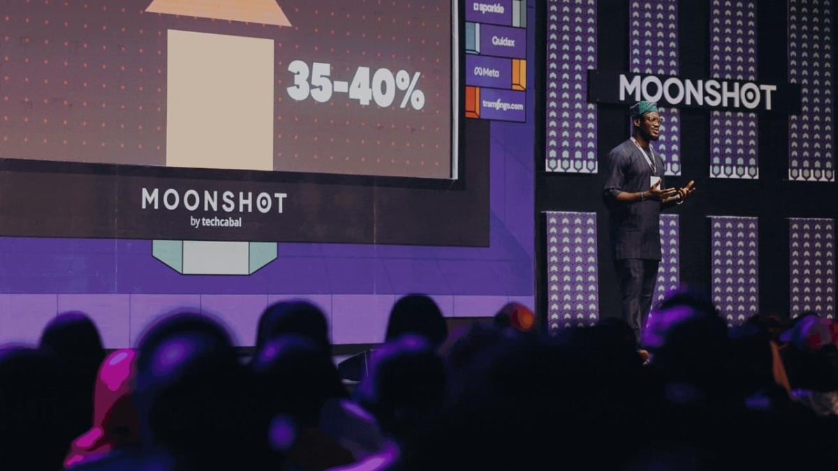 Large crowd gathering at Moonshot technology conference in Lagos, Nigeria showcasing African innovation