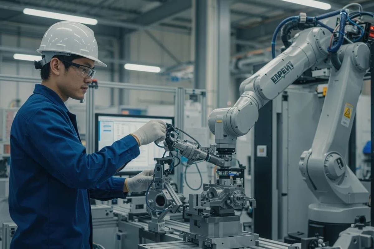 Automated robotic systems and digital monitors inside Singapore's advanced manufacturing facility