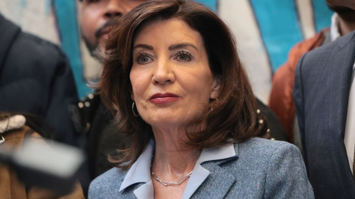 Governor Hochul speaking at podium announcing New York clean energy investment program