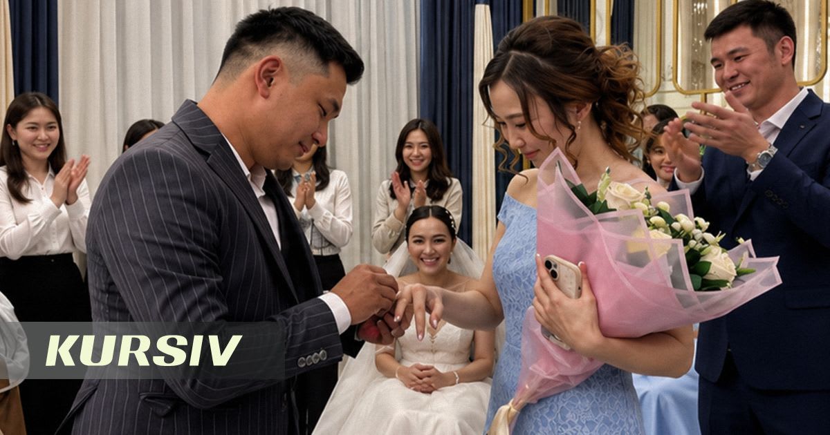 Young man proposing in sign language to his girlfriend at wedding celebration