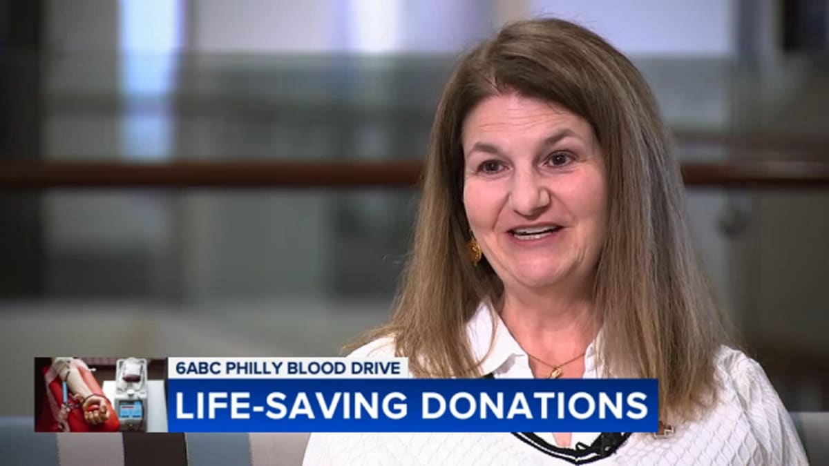 Jenny Farley, Red Cross volunteer and blood transfusion recipient, sharing her lifesaving story in Philadelphia