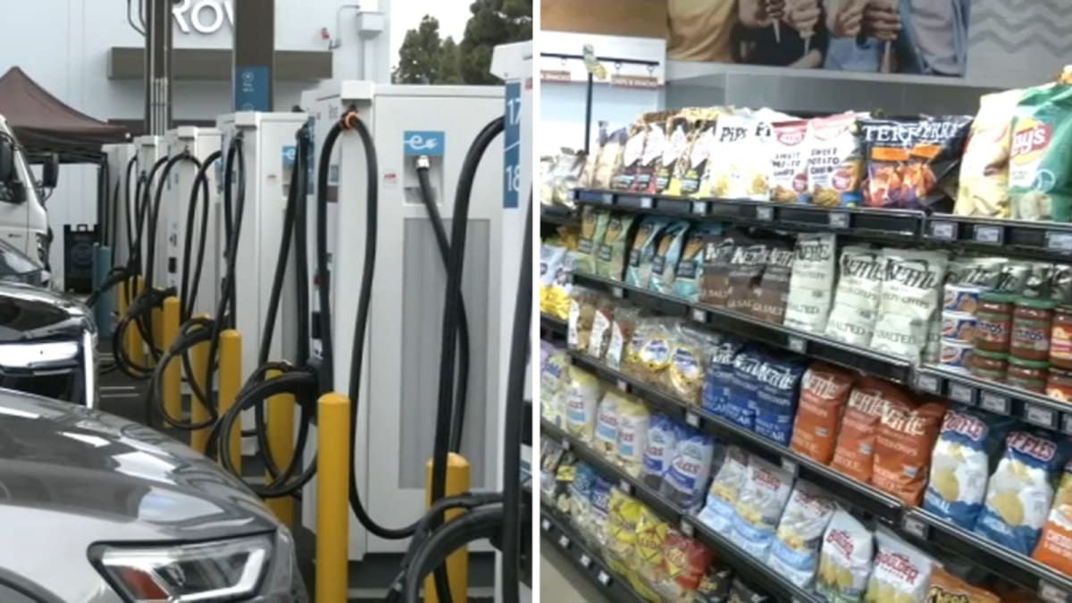 Modern electric vehicle charging station with covered parking spaces and on-site market building