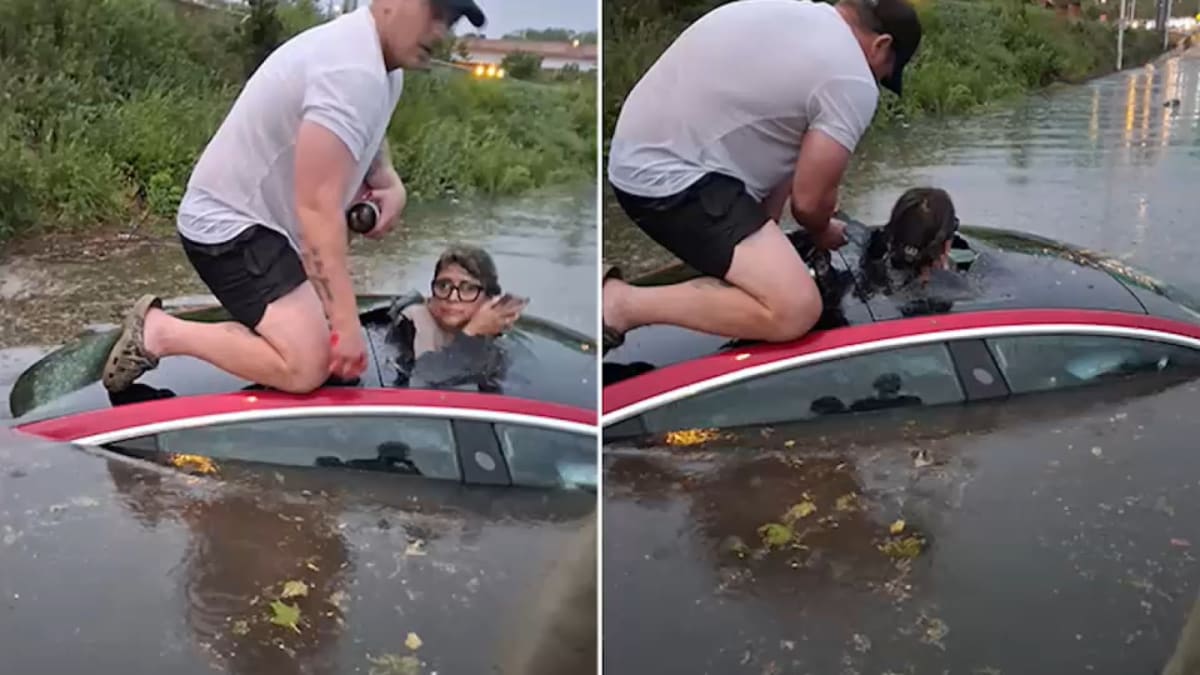 Off-duty firefighter Travis Langan reunites with school principal Carmen Pinto after dramatic flood rescue