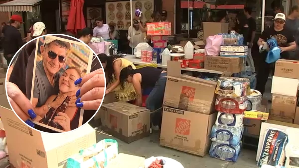 Volunteers sorting donation boxes of clothes and supplies at Full Arepas Venezuelan restaurant in downtown Los Angeles