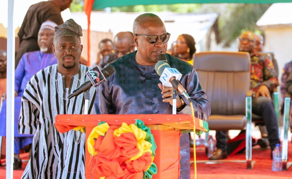 President John Mahama breaking ground at construction site in Ghana's Savannah Region