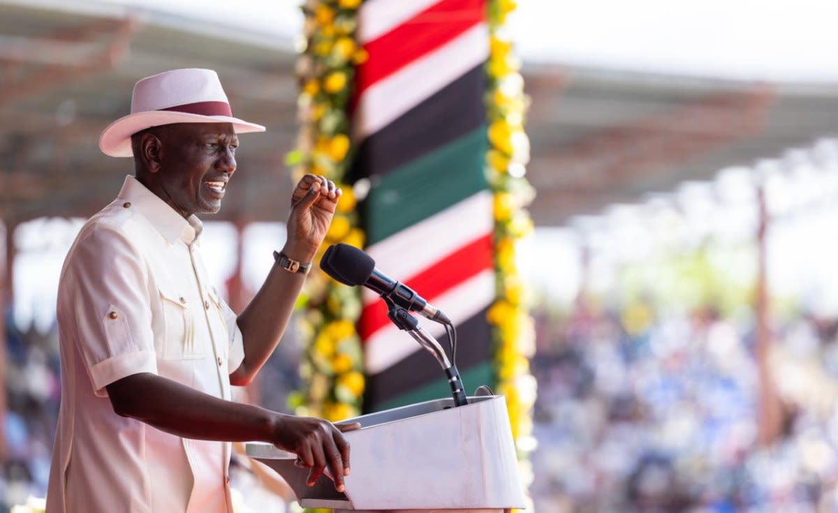President William Ruto speaking at podium during Madaraka Day celebrations in Wajir Stadium, Kenya