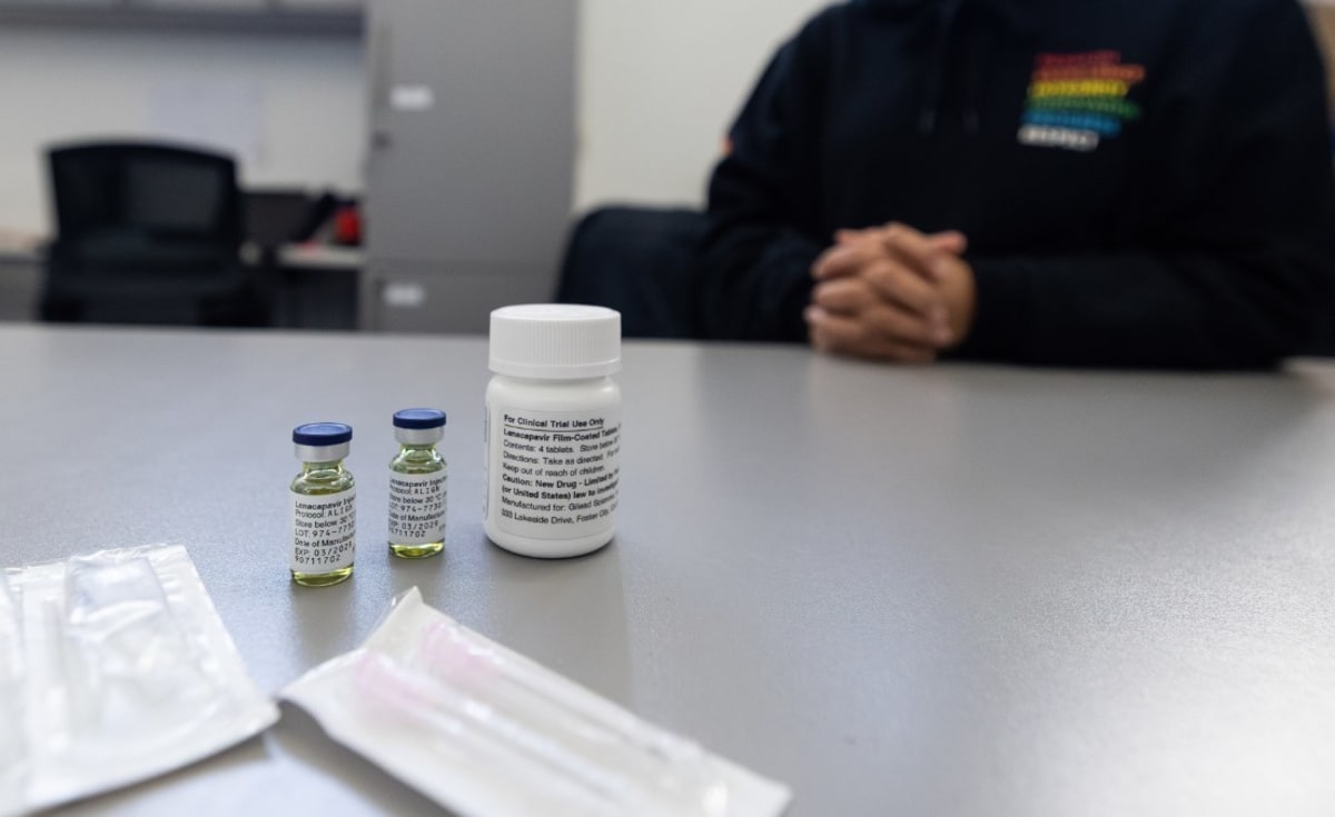 Healthcare worker preparing lenacapavir injection at South African government clinic for HIV prevention