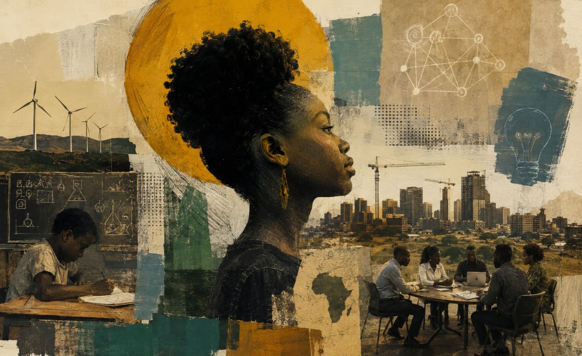 African entrepreneur working on laptop with city skyline in background representing innovation and opportunity