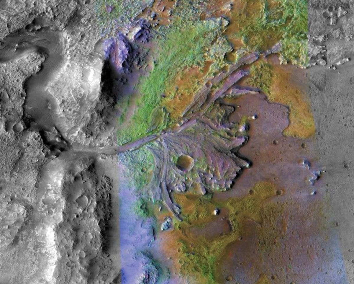 NASA's Perseverance rover on rusty Martian surface with ground-penetrating radar visualization