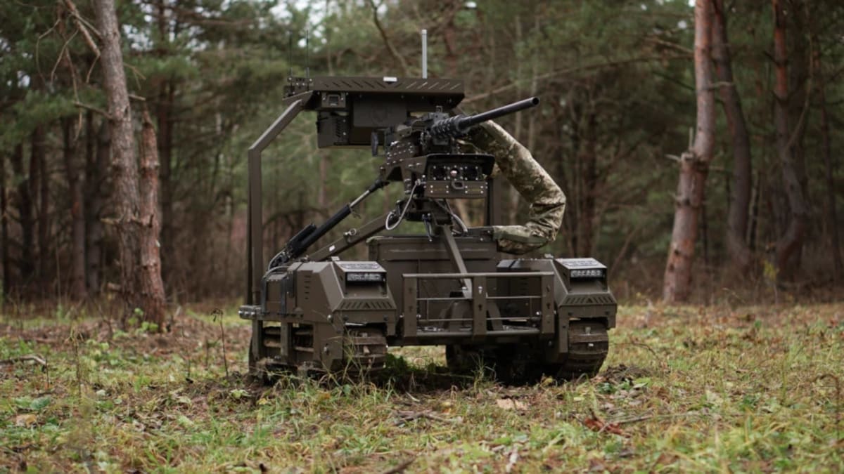 Ukrainian military ground robot navigating terrain on tracked wheels during mission