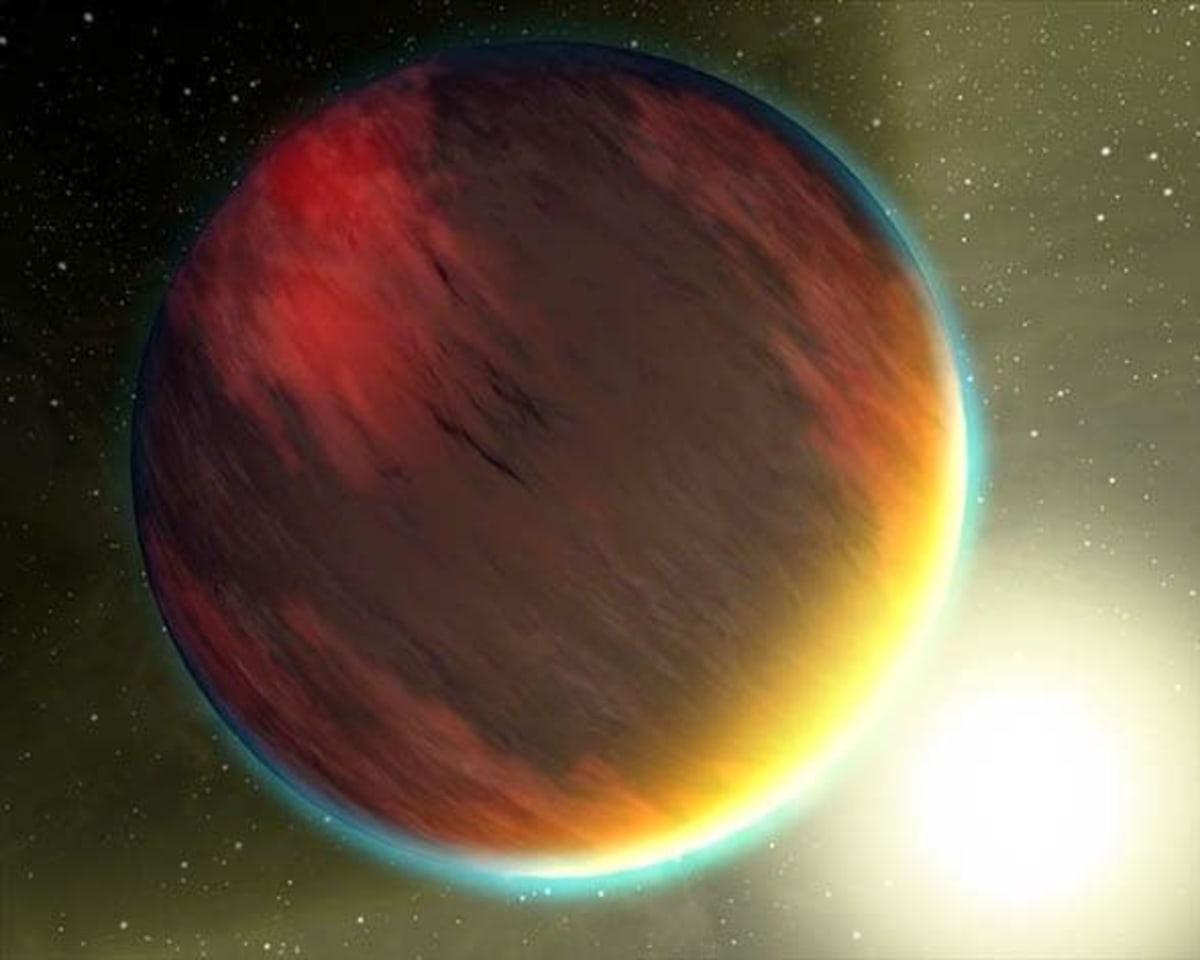 Artist rendering of rocky exoplanet with helium streaming off in glowing tails against starry space