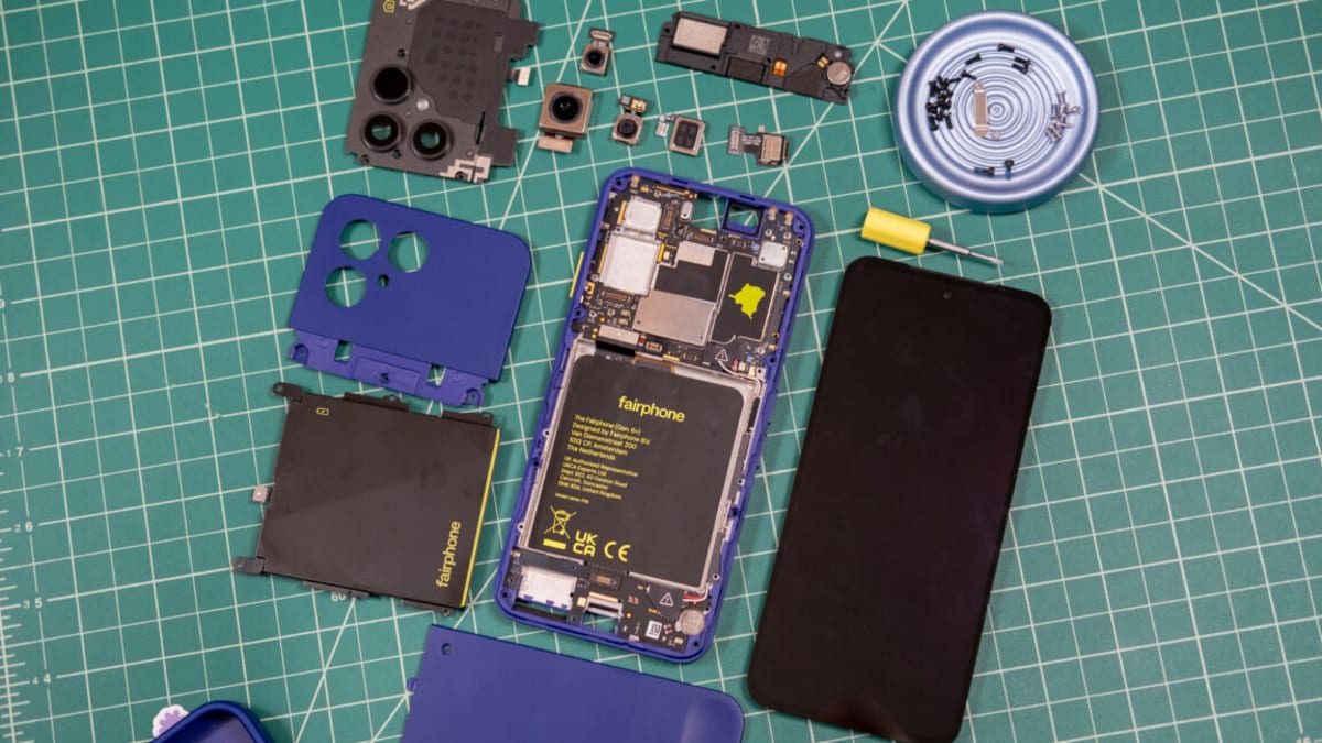 Fairphone Gen 6+ smartphone disassembled showing modular replaceable components and included screwdriver