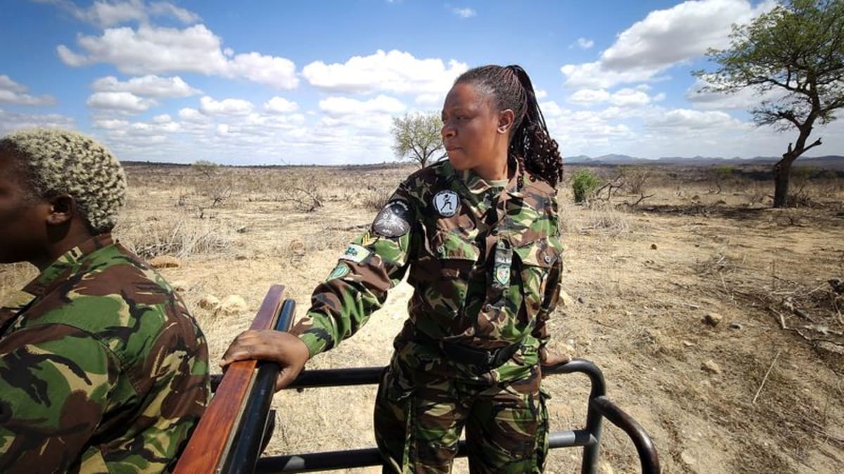 Female ranger in uniform stands with patrol team in South African bush landscape