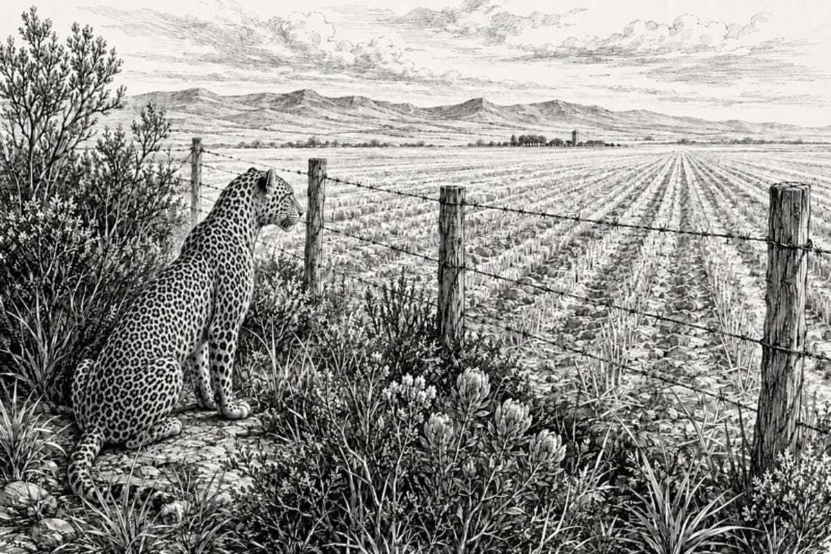 Camera trap photo showing leopard walking through narrow corridor between farmland patches at night