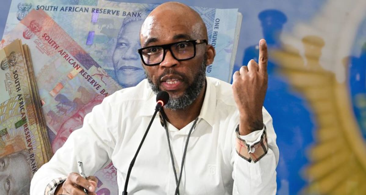 South African police officers at training facility with national flag and government buildings