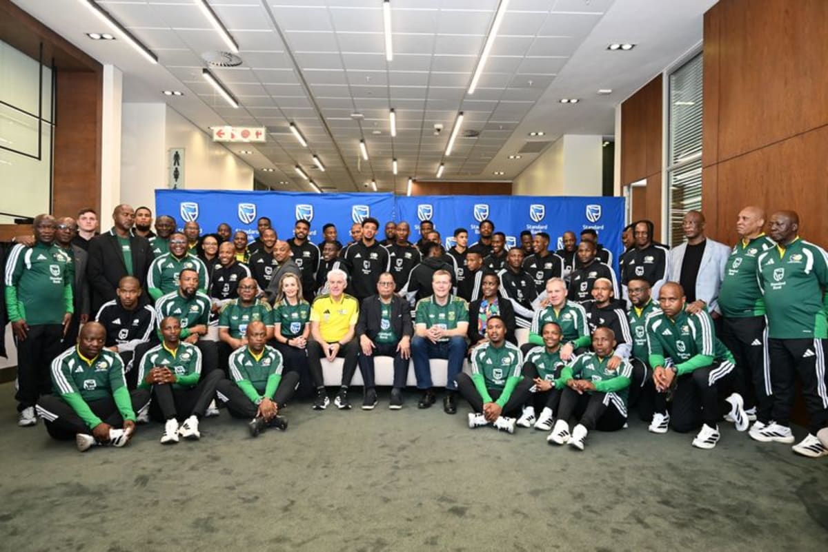 Bafana Bafana national soccer team celebrates during send-off ceremony in Johannesburg for 2026 World Cup