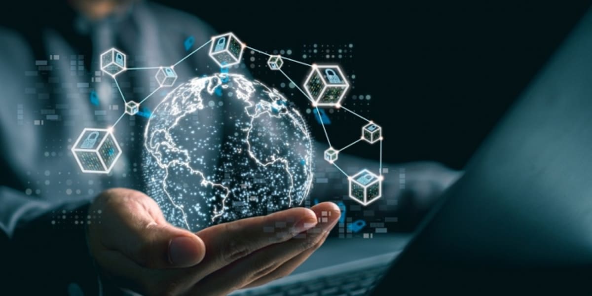 Conceptual illustration of blockchain network connecting to traditional financial infrastructure and systems