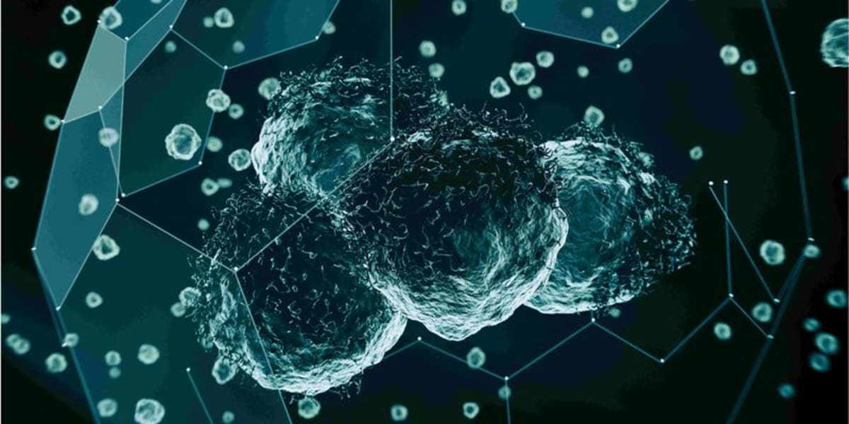 Digital visualization showing AI analyzing individual cancer cells within tumor tissue for precision medicine