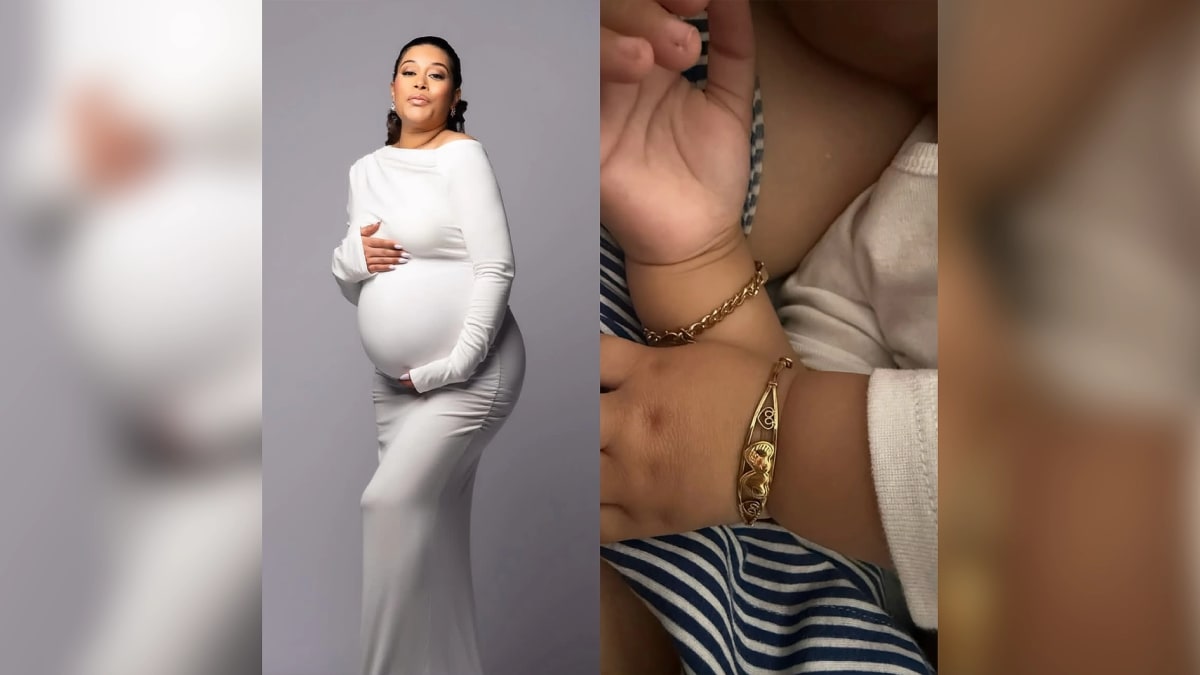 Nollywood actress Adunni Ade smiling with pregnancy photos and her daughter Baby Sal