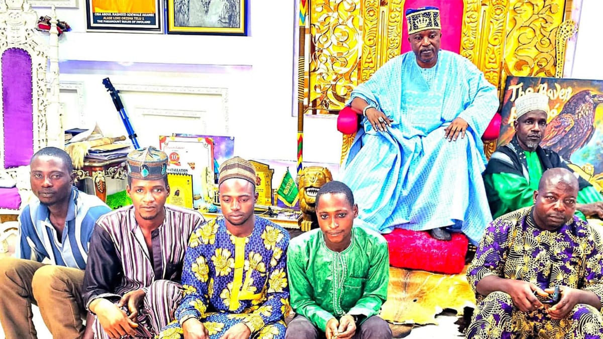 Nigerian traditional ruler Oba Abdulrosheed Adewale Akanbi meeting with Fulani community leaders in palace