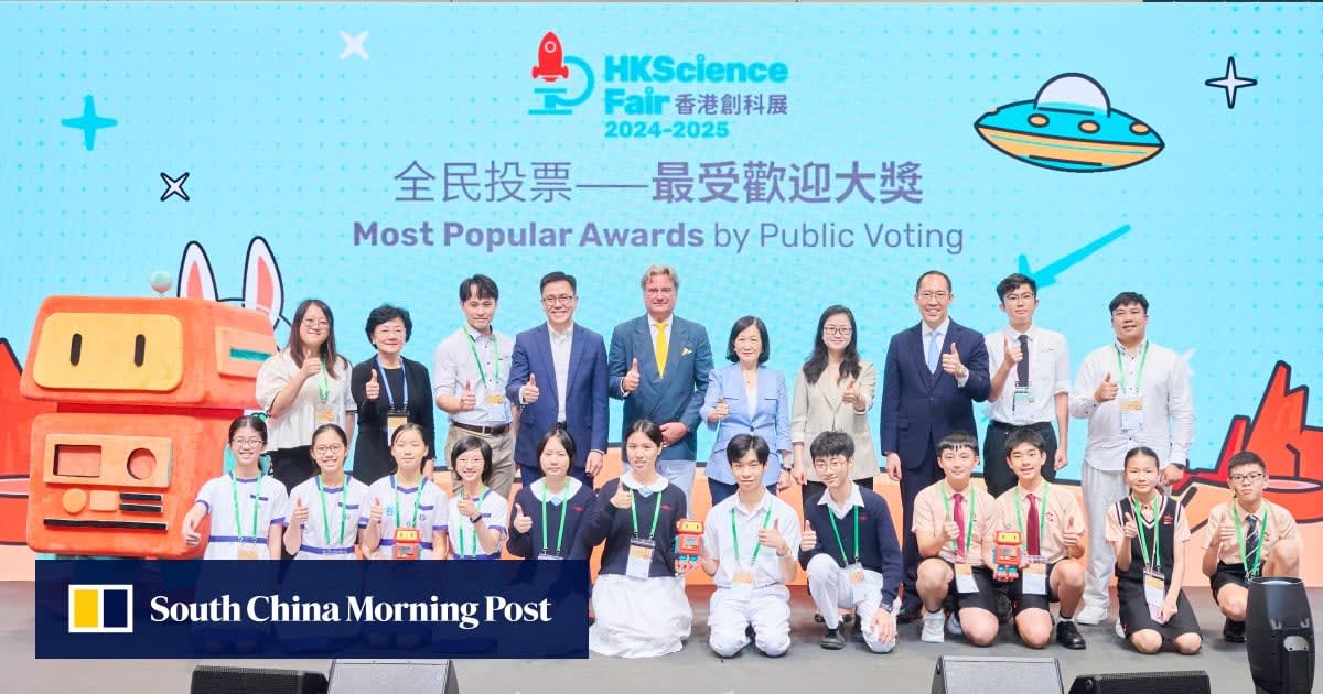 Students demonstrate AI-powered smart glasses designed to assist visually impaired travelers at Hong Kong Science Fair