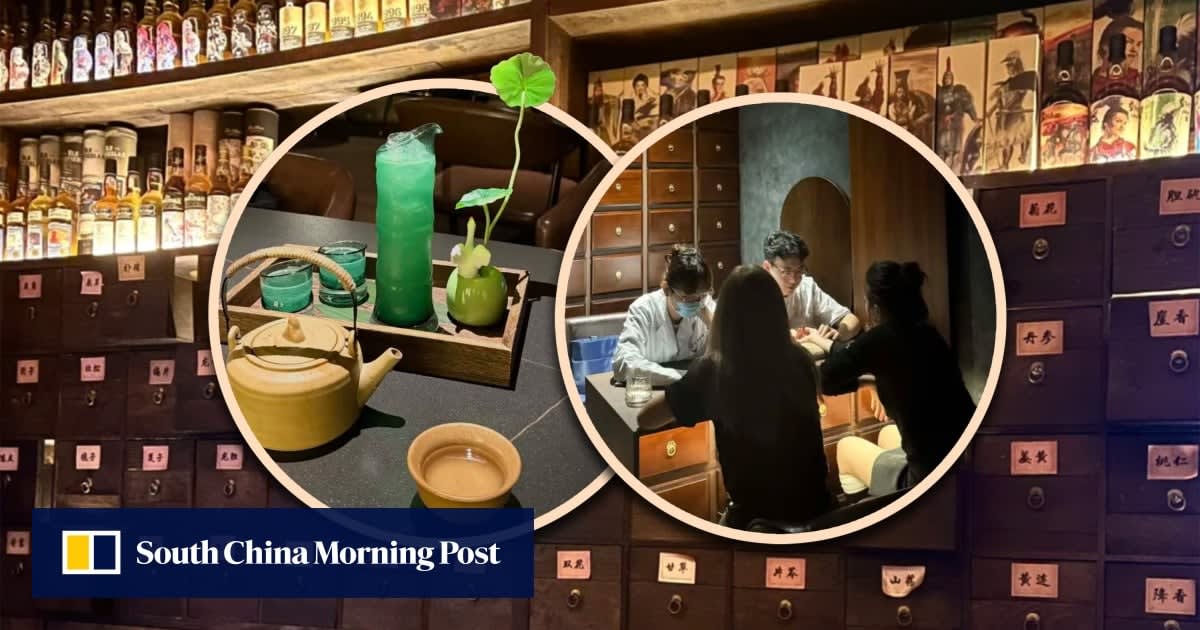 Traditional Chinese medicine bar with wooden herb drawers and bartender in white coat mixing herbal cocktails