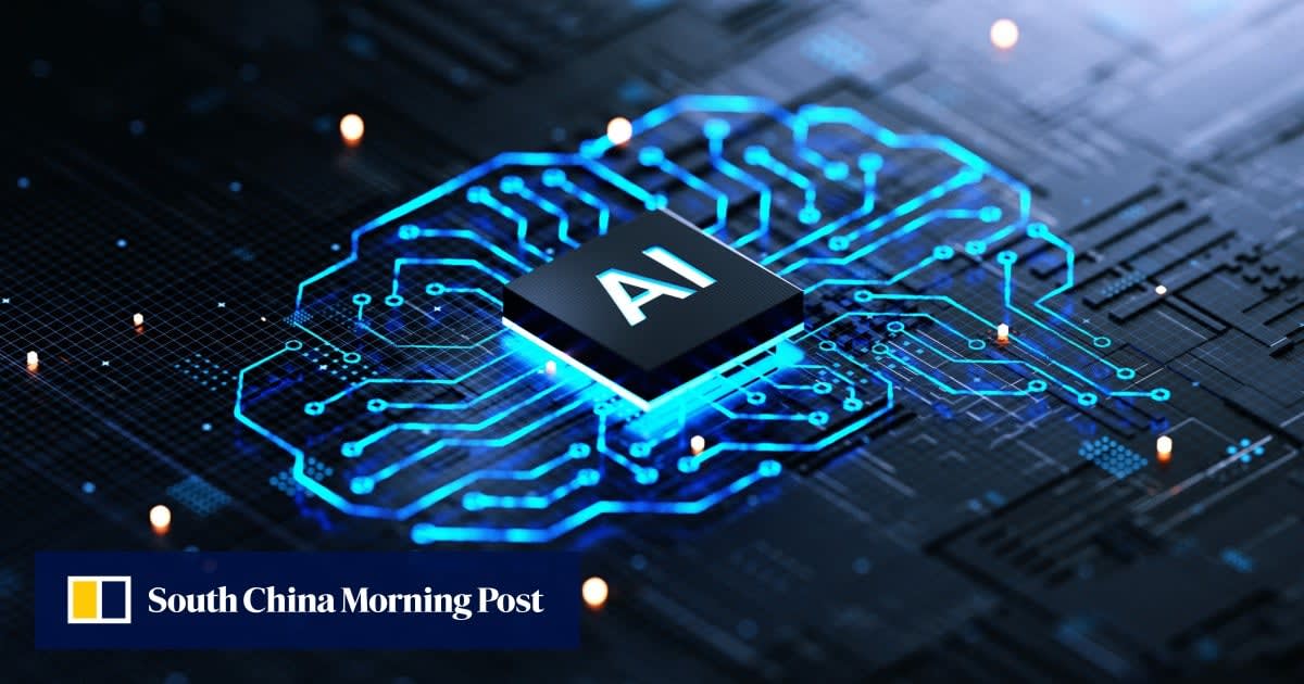 Artificial intelligence solving complex mathematical equations on digital screen with geometric patterns