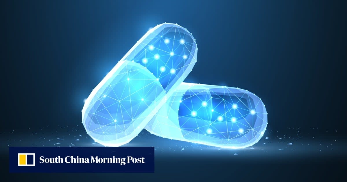 Supercomputer servers with digital molecular structures displaying advanced drug screening technology