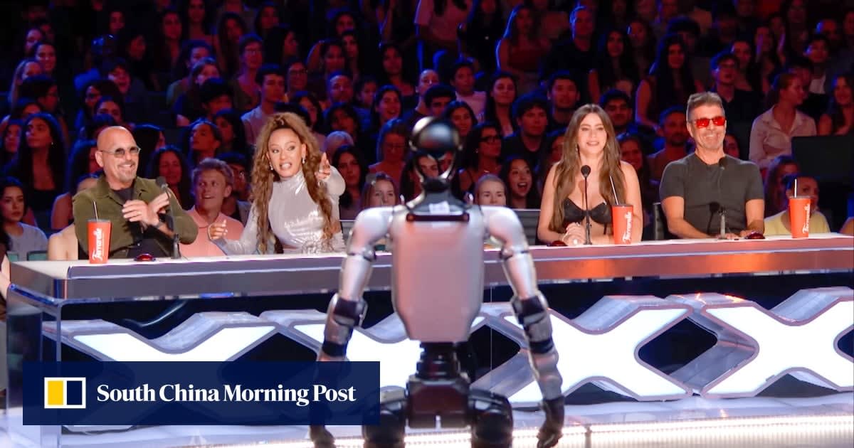 Eight humanoid Unitree G1 robots dancing in synchronized formation with human performer on stage